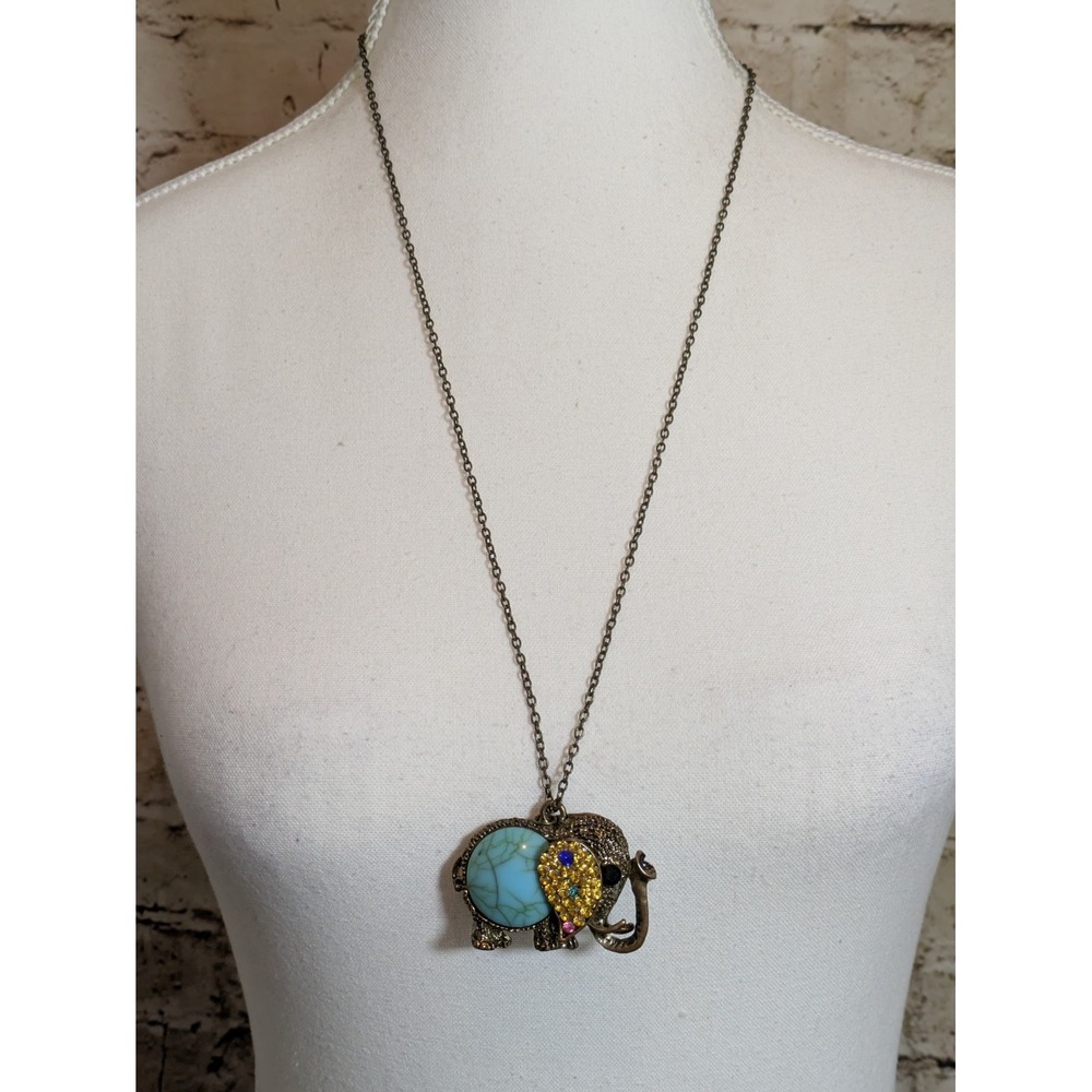 Eclectic Elephant Pendant Necklace In Antiqued Bronze Tone Rhinestones Boho 26"
